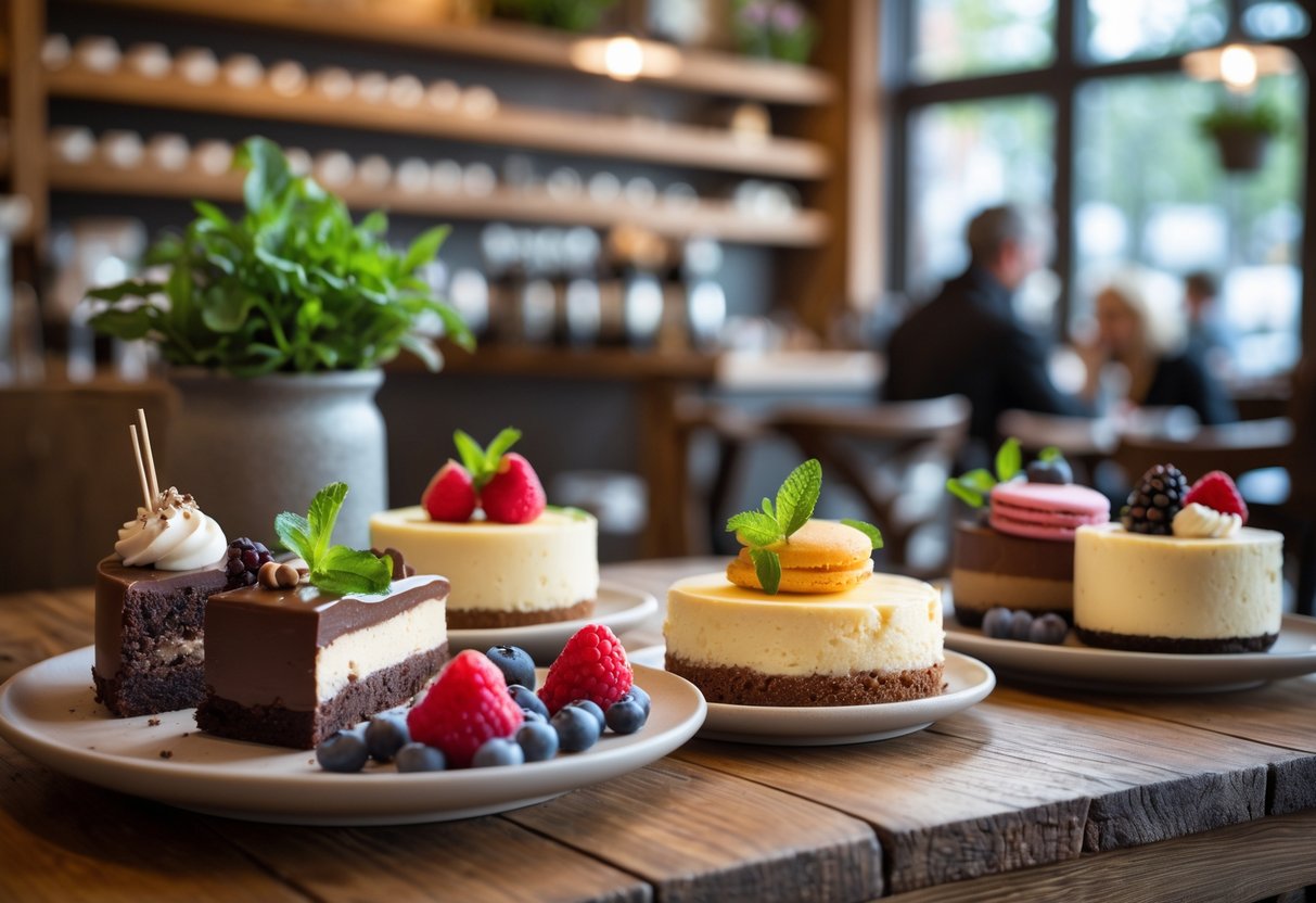 A rustic wooden table with assorted artisanal desserts and fresh berries in a cozy café setting.