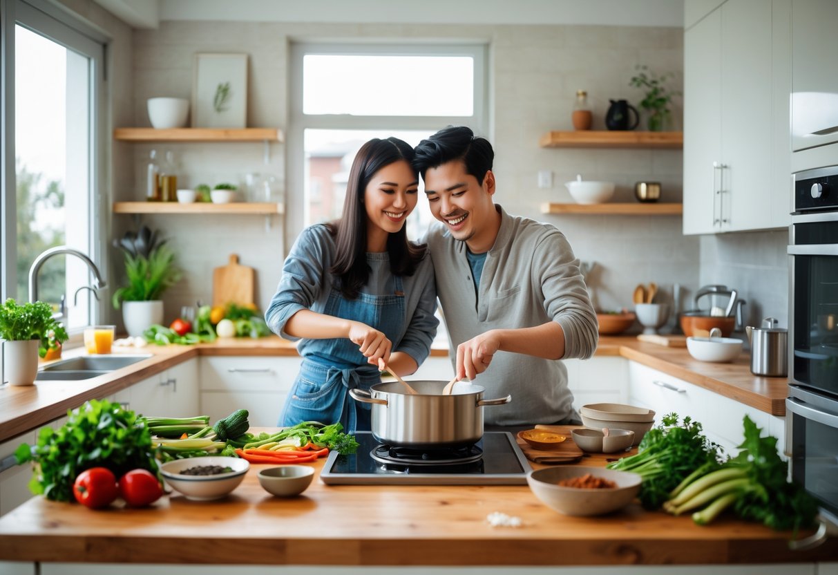 A young couple cooking together in a bright kitchen, preparing food with fresh ingredients on the countertop.