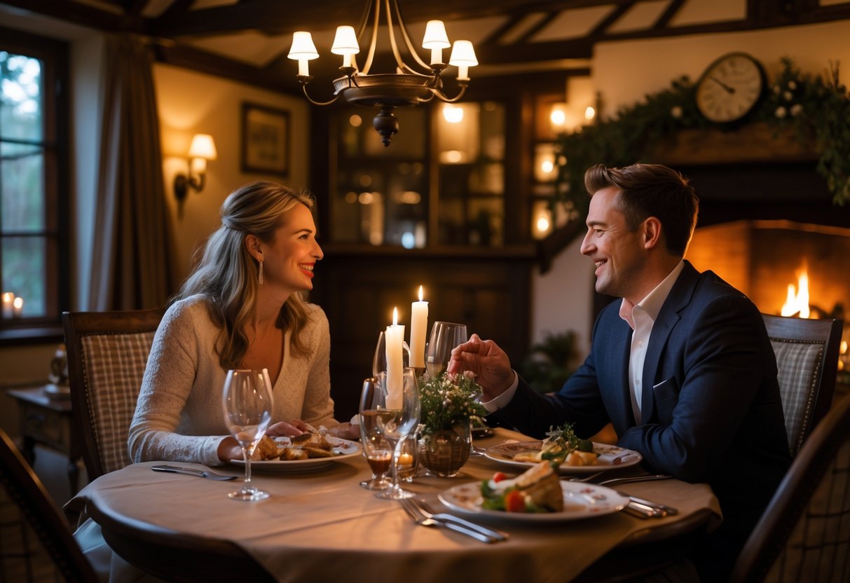 A couple enjoying a cozy dinner at a warmly lit restaurant with rustic decor and a fireplace.