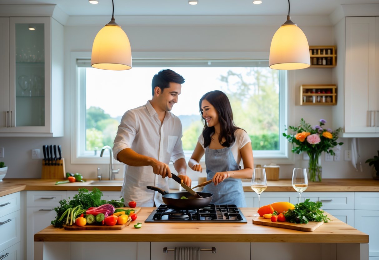 A couple cooking together in a bright, modern kitchen with fresh ingredients and wine on the counter.
