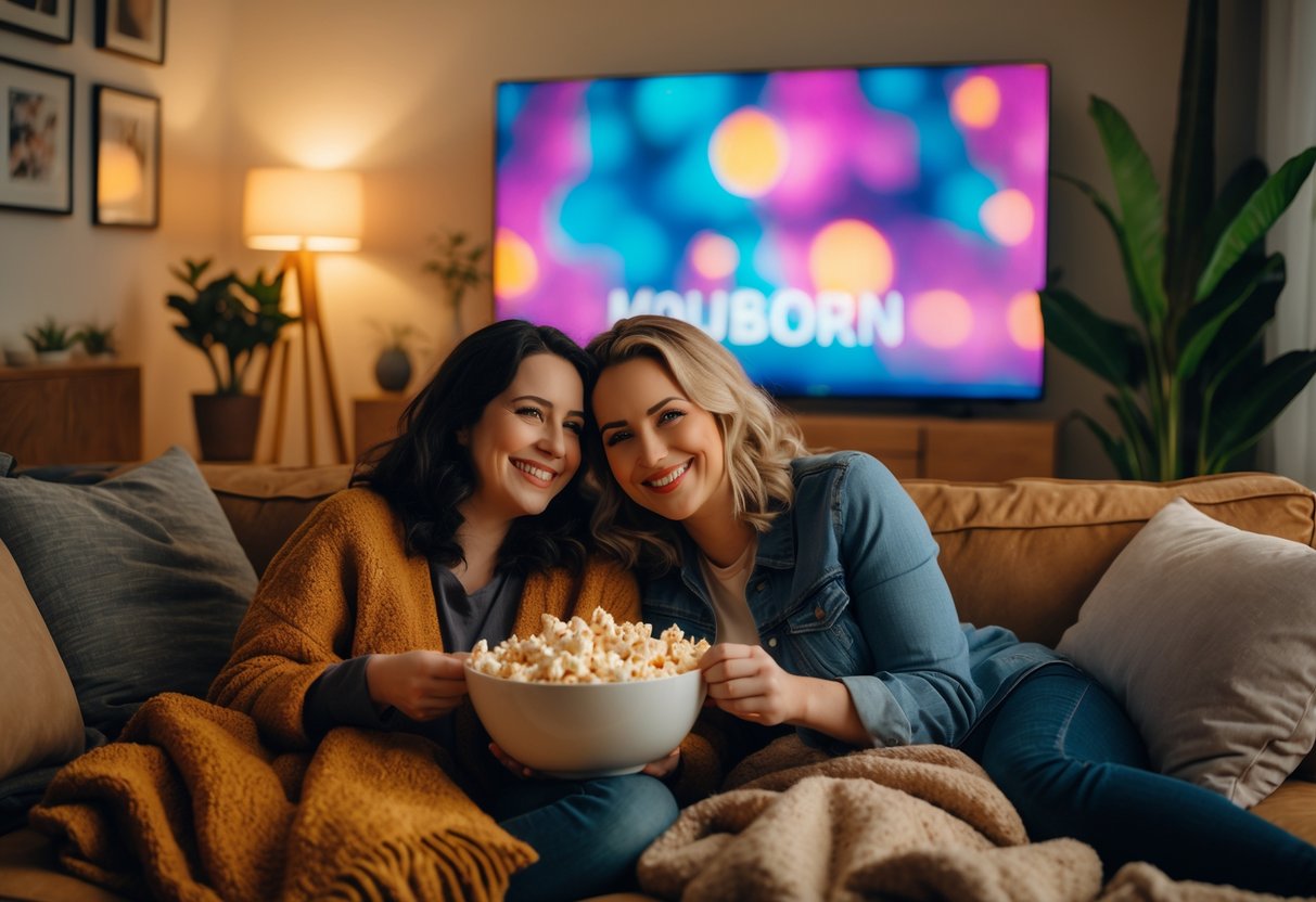 A lesbian couple sitting closely on a couch, sharing popcorn and watching a movie together in a cozy living room.