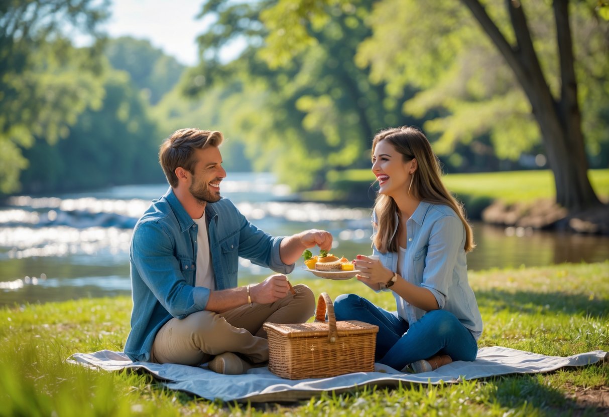 A young couple enjoying a picnic together by a river in a green park.