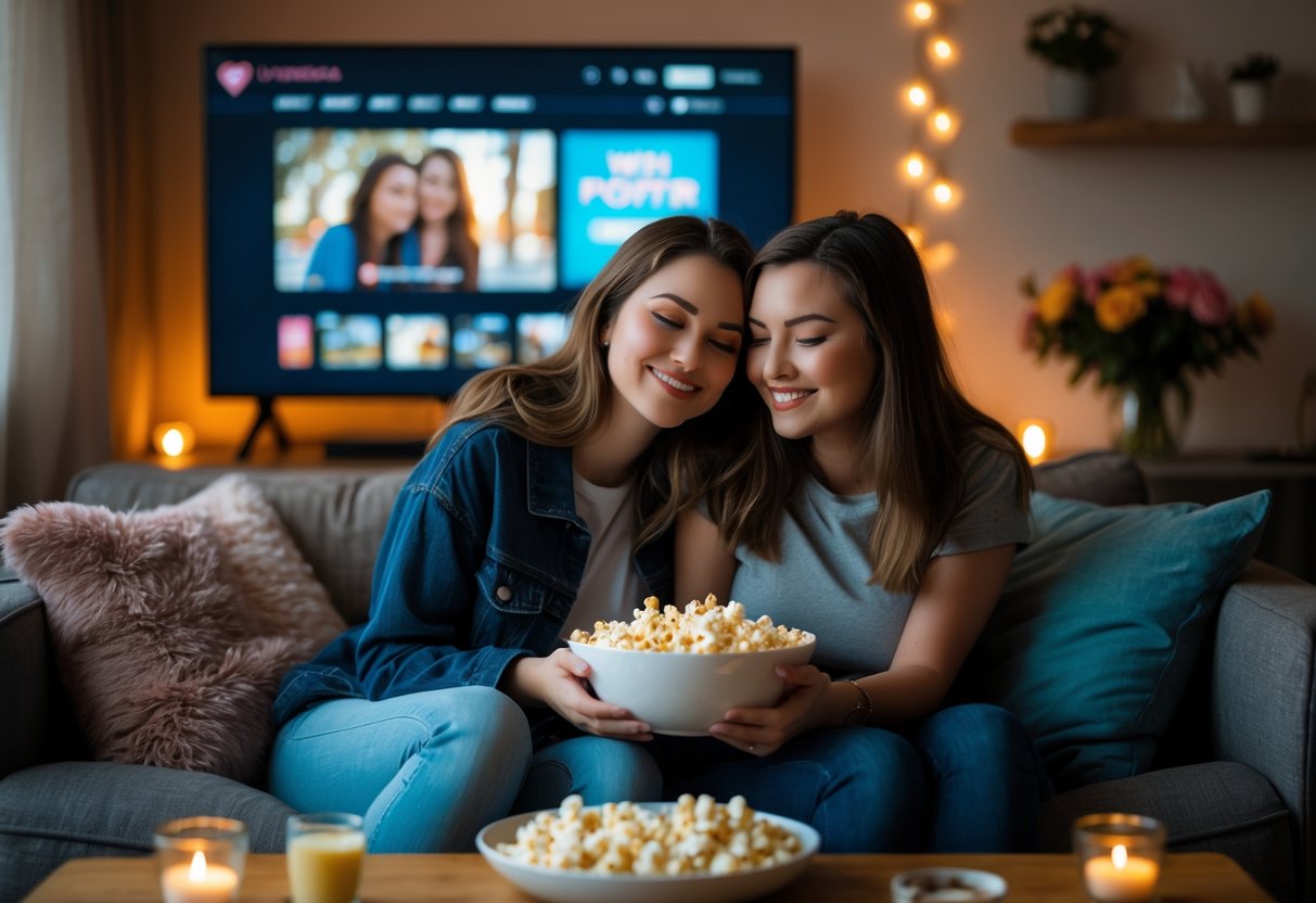 Two young women sitting closely on a couch, sharing popcorn and watching a movie together in a cozy living room.