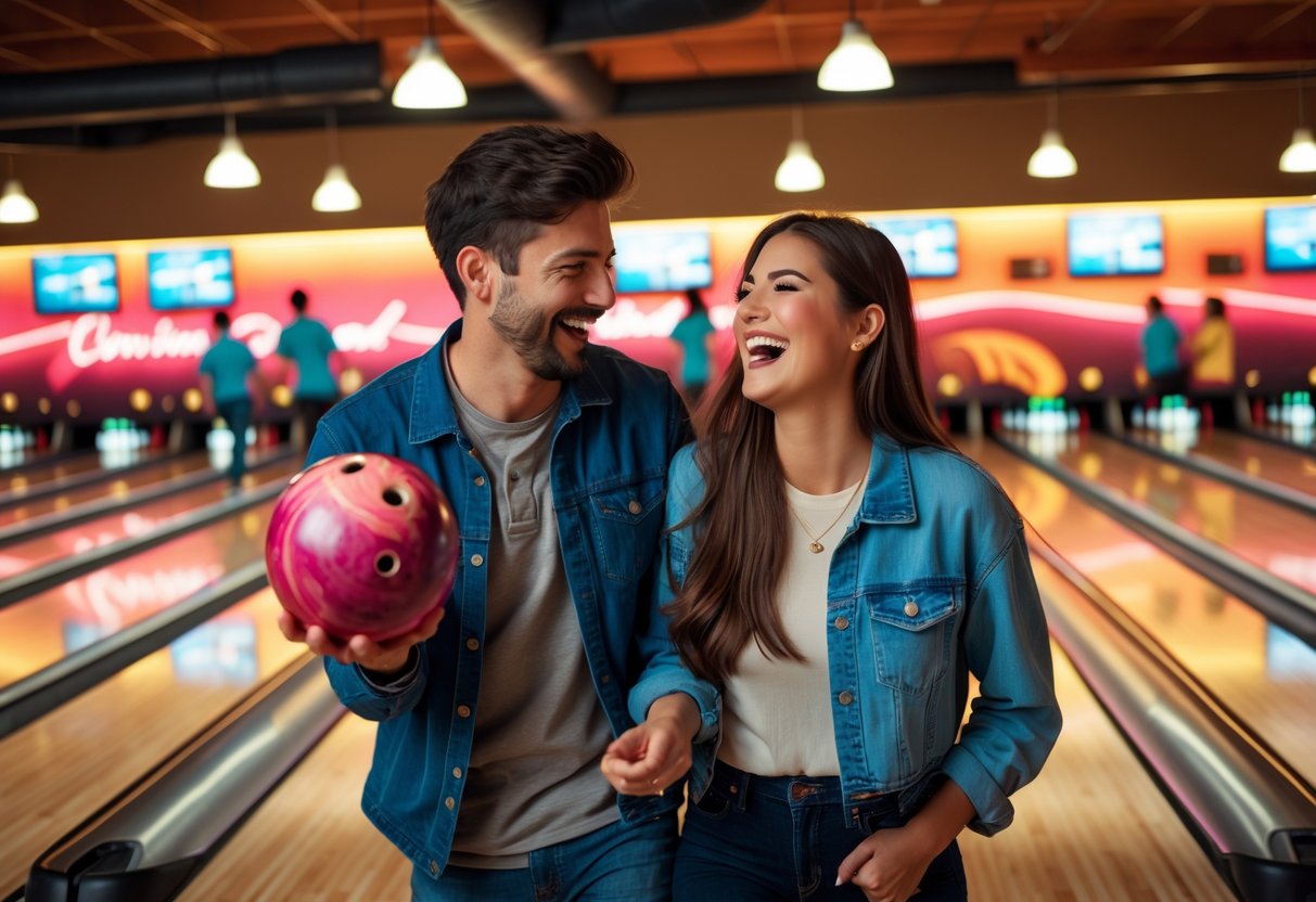 A young couple enjoying a fun date night bowling at a lively bowling alley.