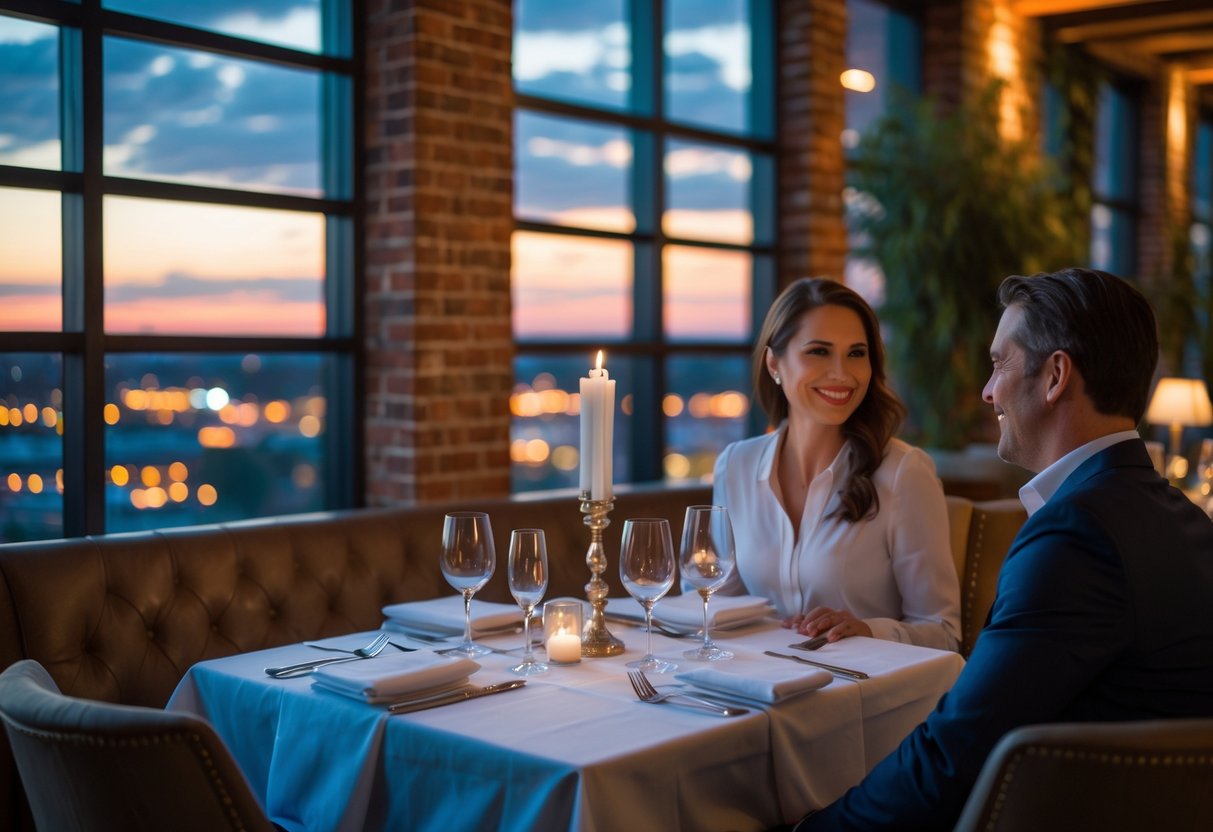 A couple enjoying a romantic dinner at a cozy restaurant with warm lighting and city views at dusk.