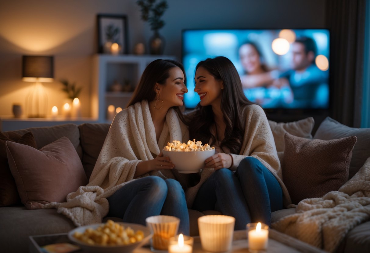 Two women sitting close together on a sofa, sharing popcorn and enjoying a movie night in a warmly lit living room.