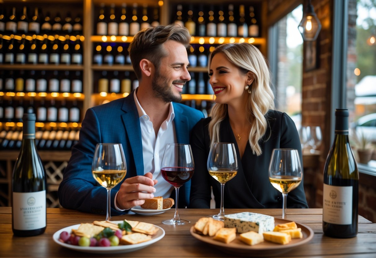 A couple tasting wine together at a wooden table inside a cozy bottle shop with shelves of wine bottles in the background.