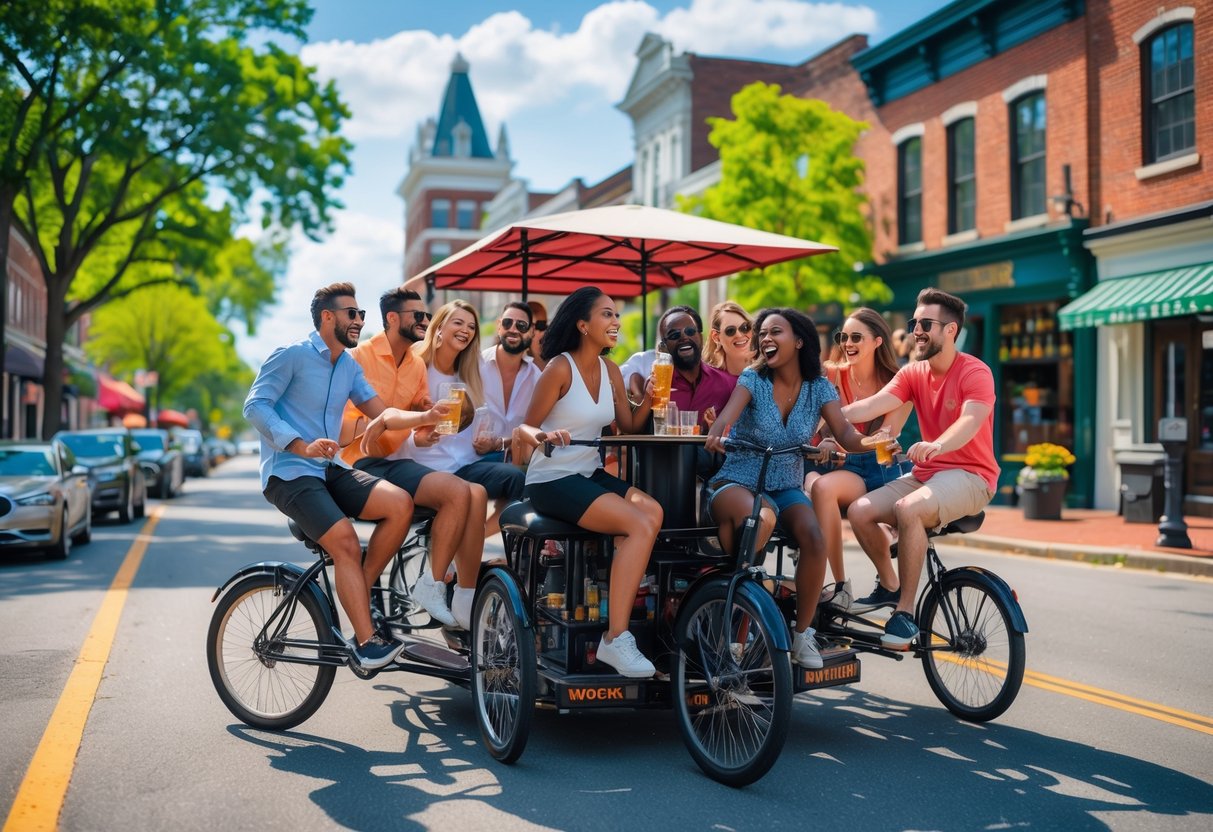 A group of young adults enjoying a pedal pub tour through a city street with historic buildings and trees on a sunny day.
