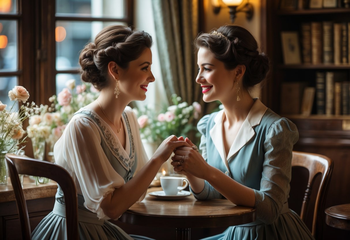 Two women sitting closely together at a small café table, holding hands and sharing a warm smile.