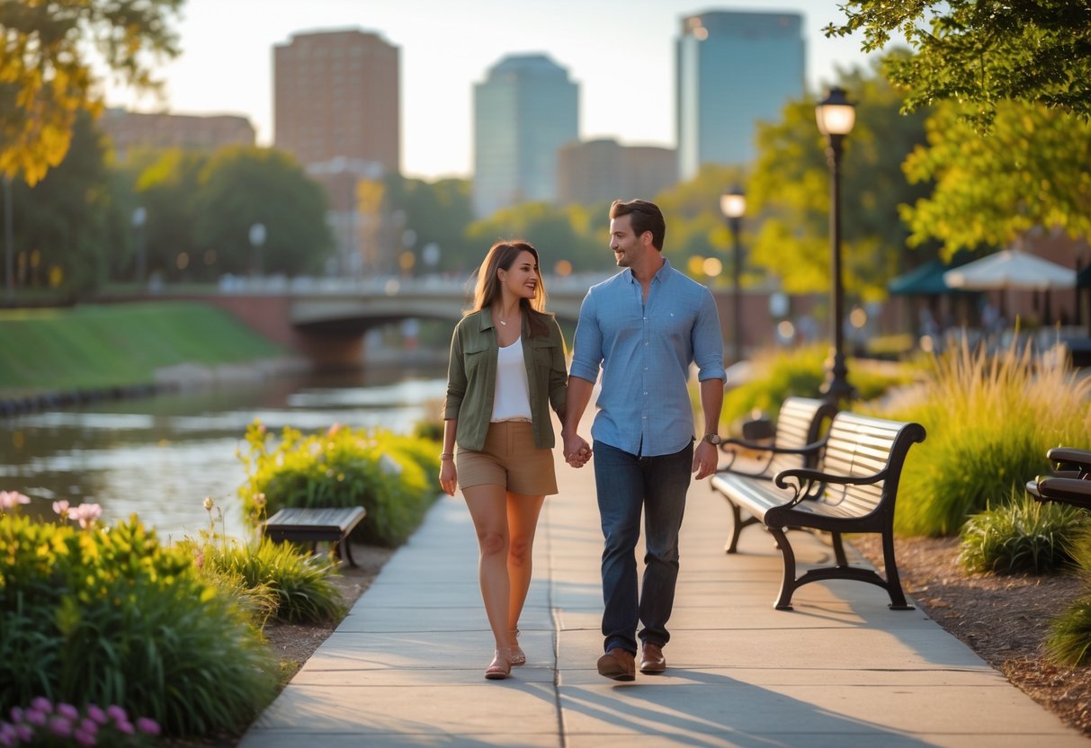A couple walking hand-in-hand along a riverside path surrounded by trees and calm water.