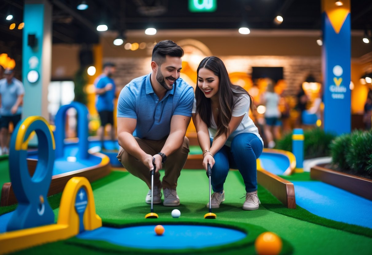 A couple playing mini golf together inside an entertainment center, enjoying their date night.