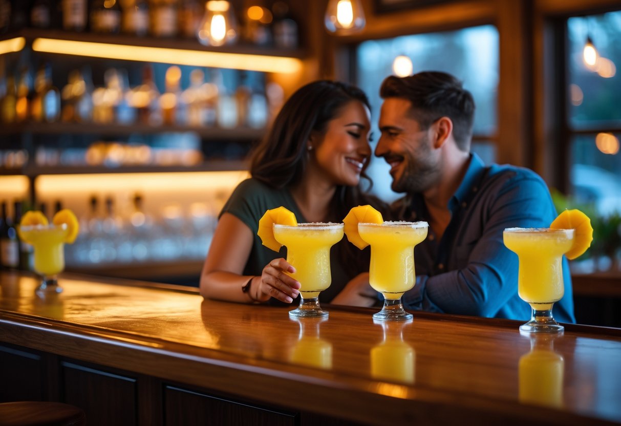 A couple enjoying mango margaritas together at a cozy local bar during a date night.