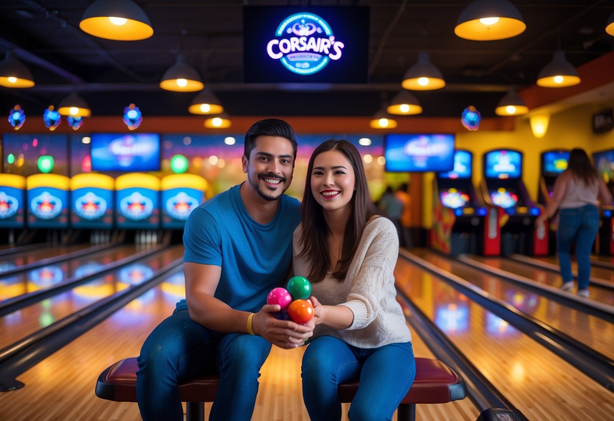 A young couple bowling together at Corsair's with arcade games visible in the background.