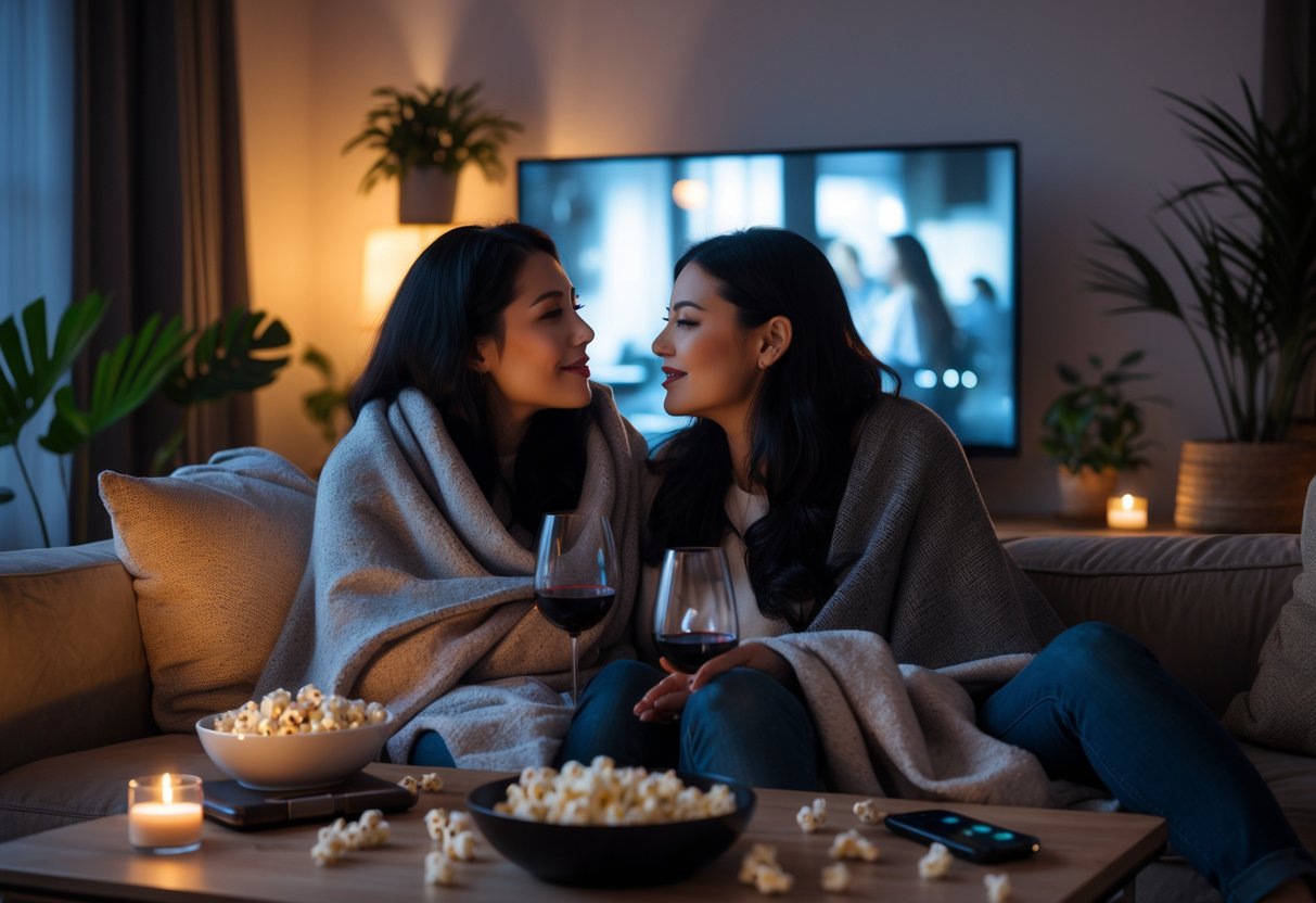 Two women sitting closely on a sofa, sharing a blanket and watching a movie together in a cozy living room.