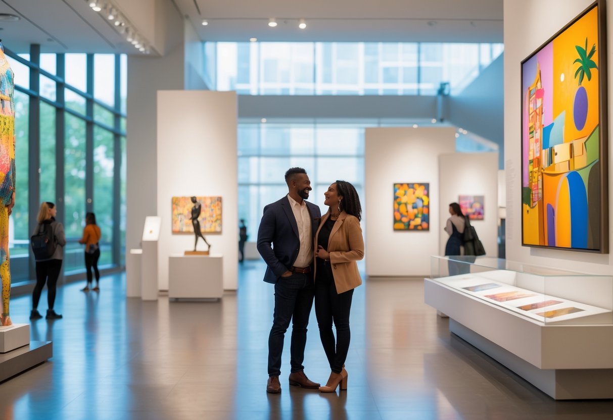 A couple admiring colorful art exhibits inside a bright, modern museum gallery.
