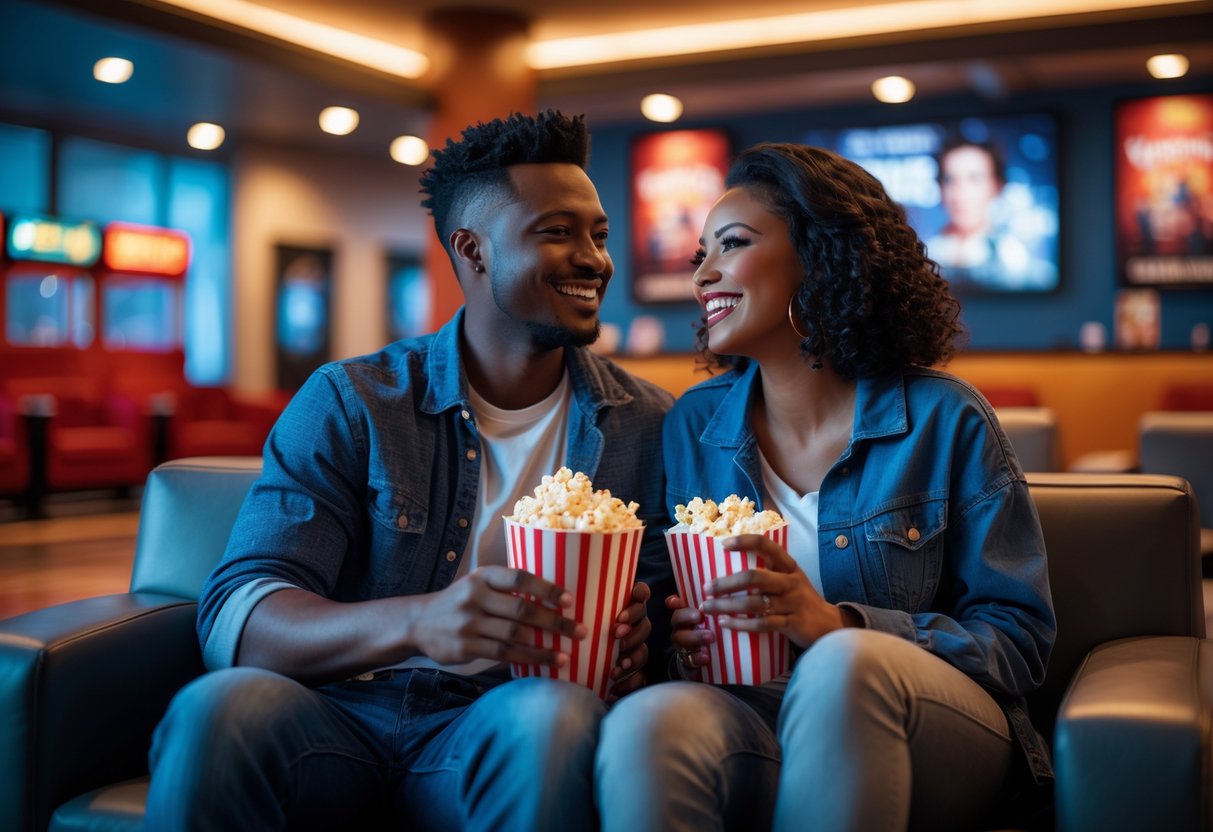 A young couple smiling and holding popcorn and drinks in a movie theater lobby.