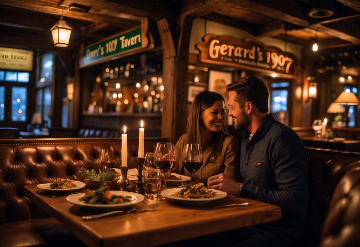 A couple enjoying a romantic dinner at a candlelit table inside a cozy, rustic tavern.