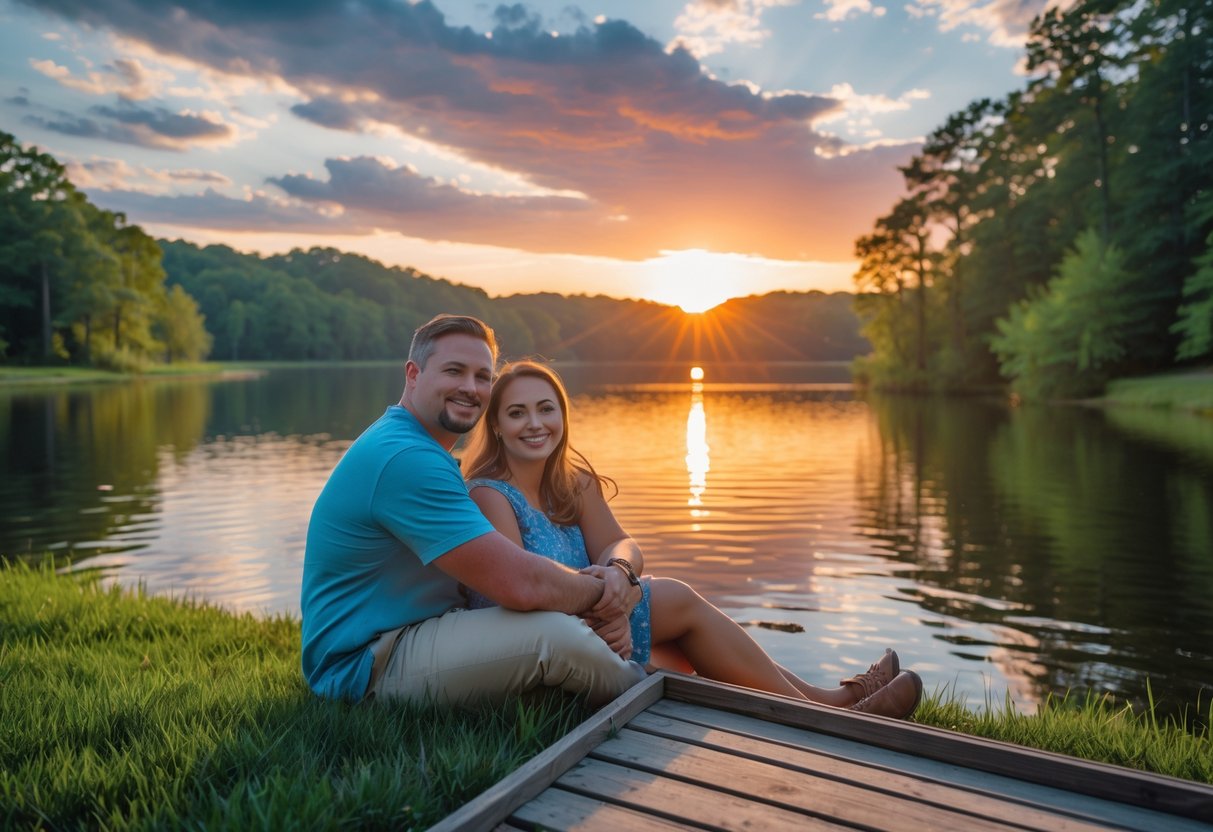 A couple sitting by a calm reservoir at sunset surrounded by trees and hills.