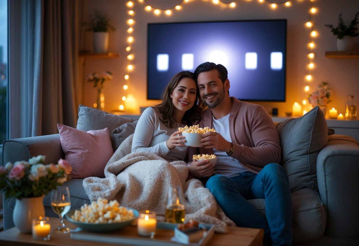 A lesbian couple cuddled on a sofa under a blanket, watching a movie in a warmly lit living room with popcorn and wine nearby.