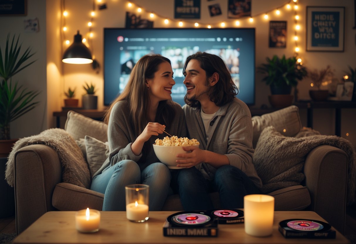 A young lesbian couple sitting closely on a sofa, sharing popcorn and watching a movie in a cozy living room.