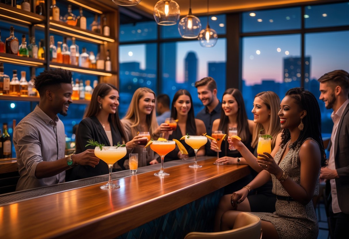 People enjoying craft cocktails and socializing at a lively downtown bar in the evening.