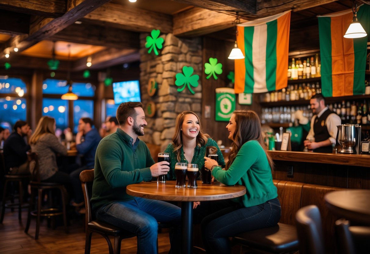 Couples enjoying a cozy evening inside an Irish-themed pub with warm lighting and rustic decor.