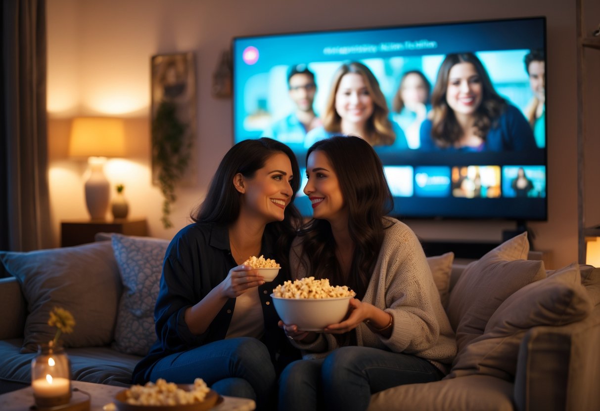 Two women sitting closely on a sofa, sharing popcorn and watching a movie together in a warmly lit living room.