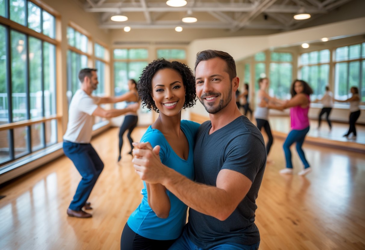 A couple smiling and dancing together in a bright dance studio with wooden floors and large windows.
