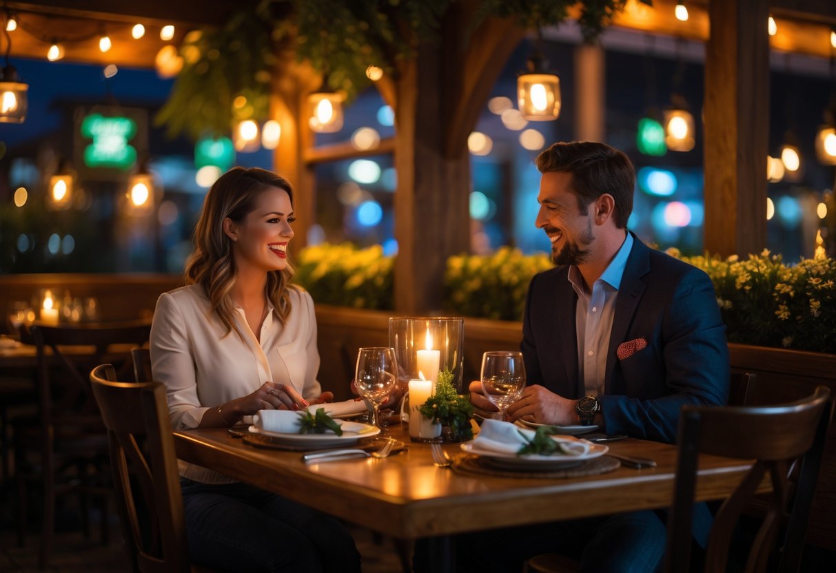 A couple enjoying a romantic dinner at a warmly lit restaurant table with candles and rustic decor.