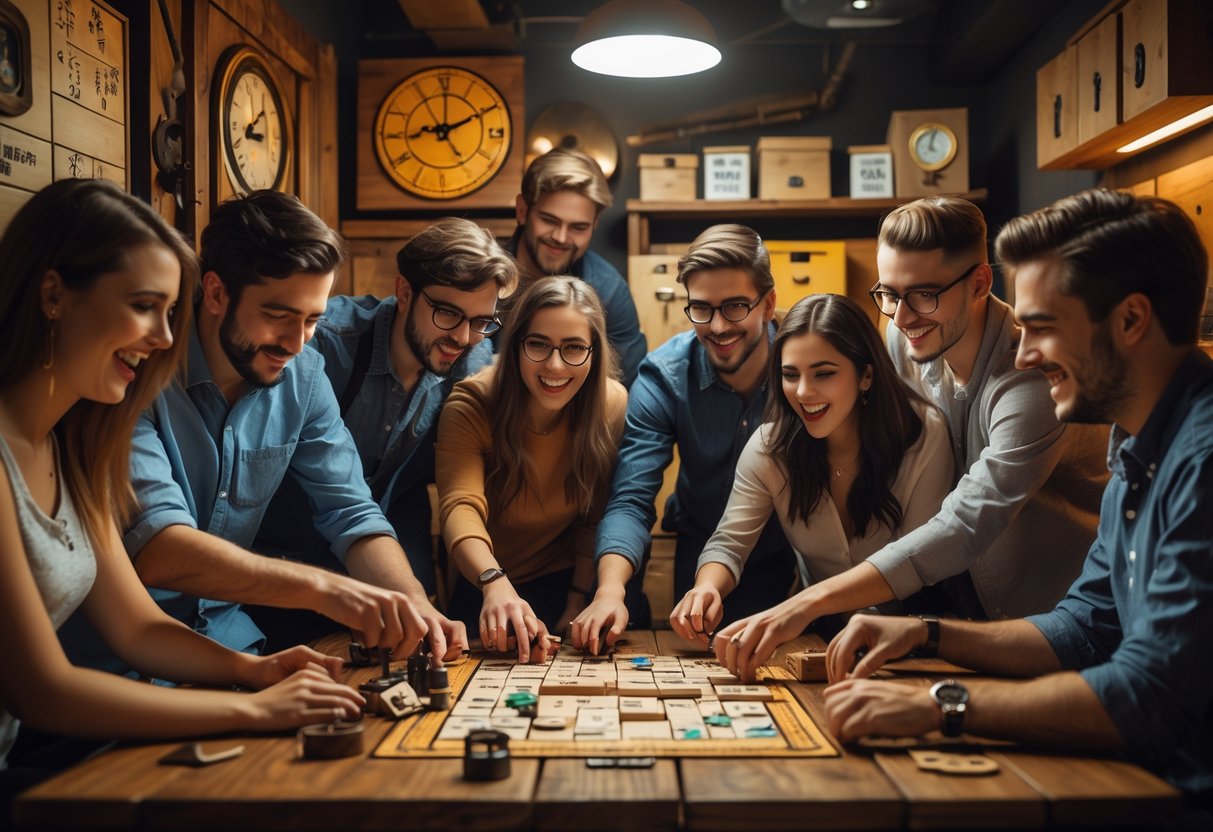A group of young adults working together to solve puzzles in an escape room setting.