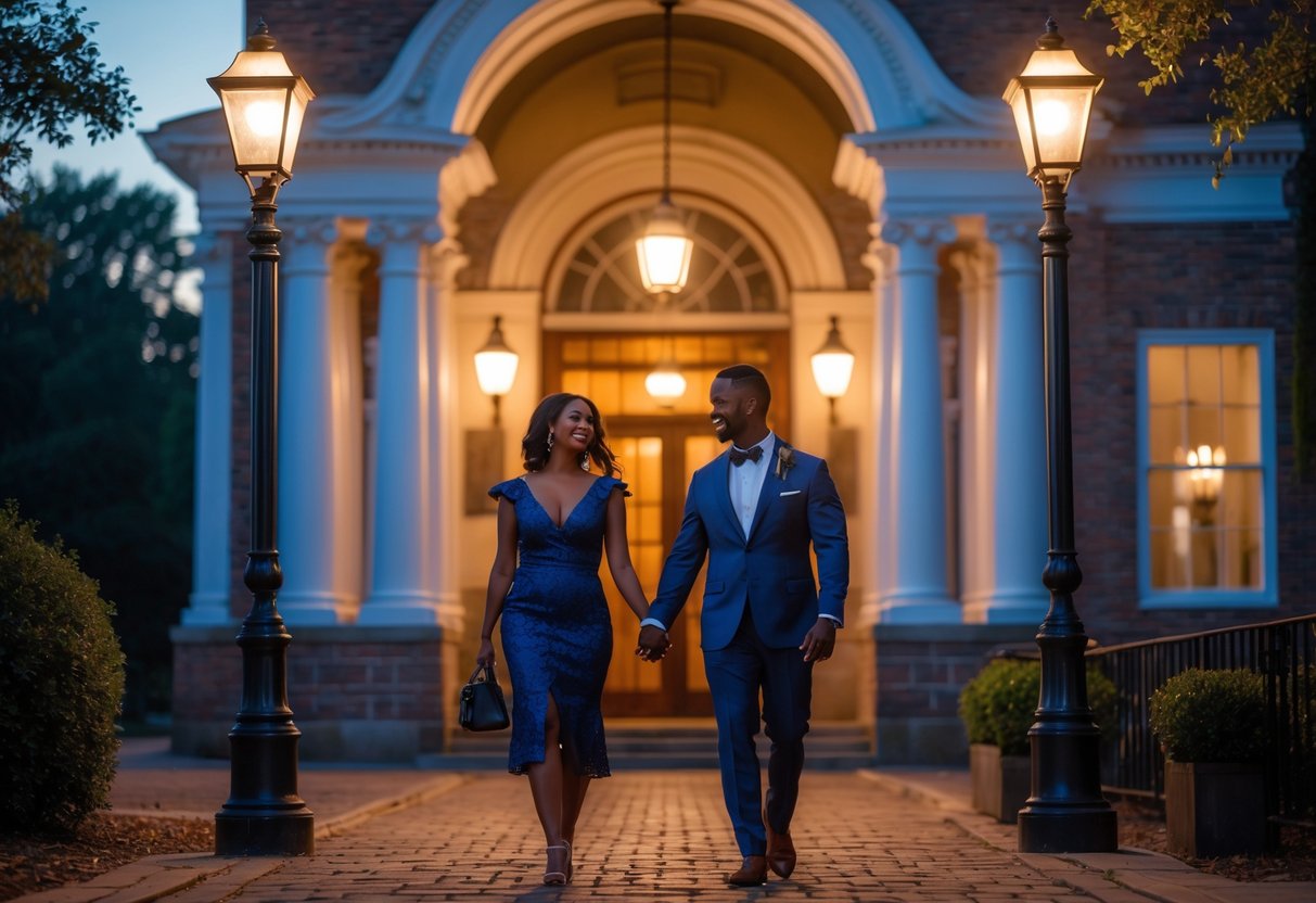 A couple holding hands and walking outside the illuminated Springer Opera House in Columbus, Georgia during the evening.