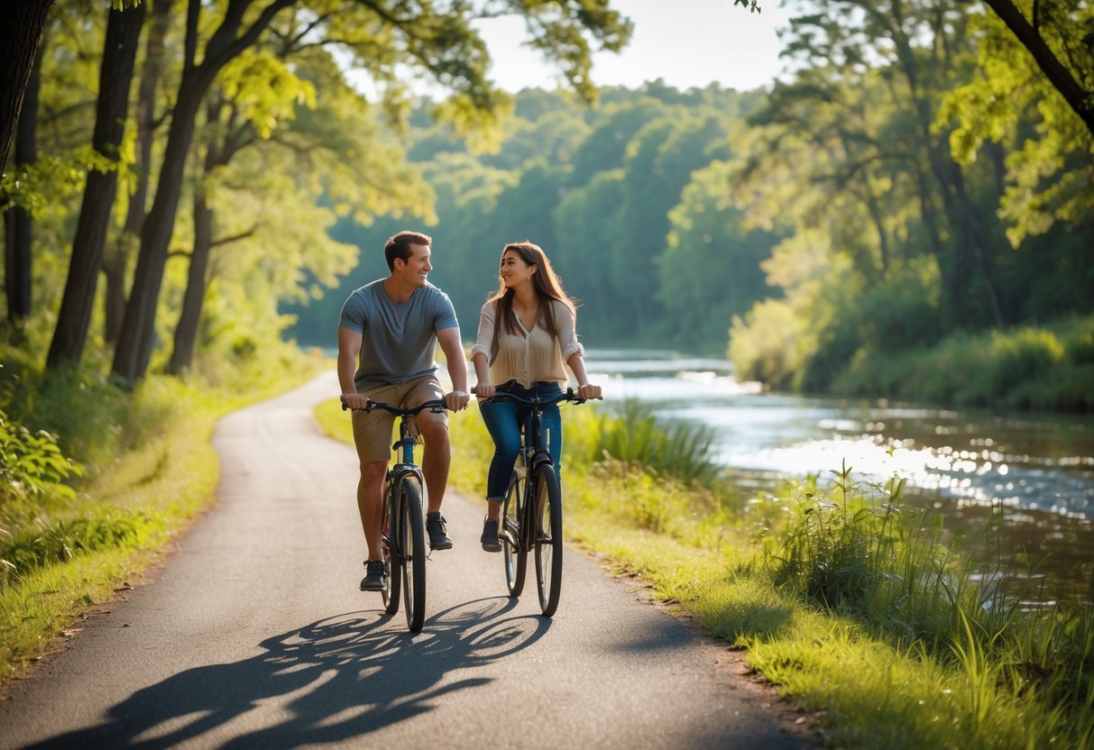 A young couple riding bicycles together on a tree-lined trail beside a river in the Chattahoochee Valley.
