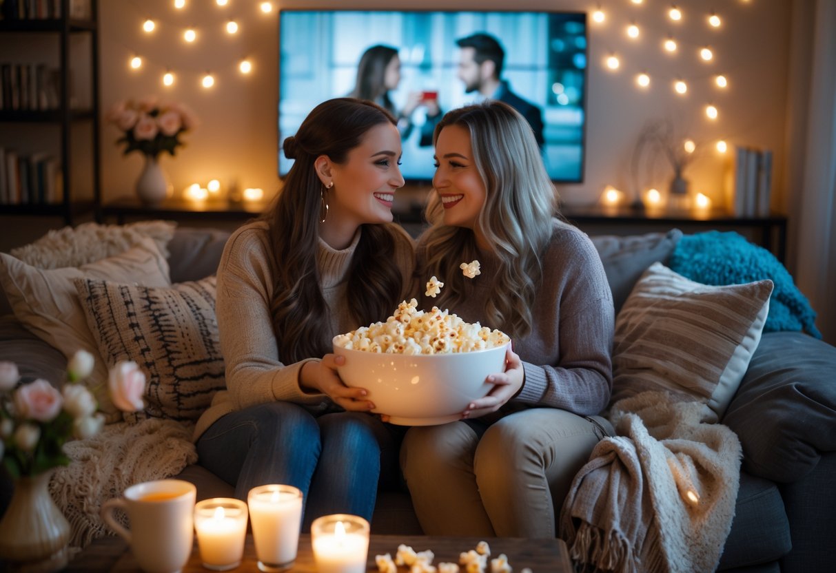 A lesbian couple sitting closely on a sofa, holding hands and sharing popcorn in a warmly lit living room set up for a movie date.