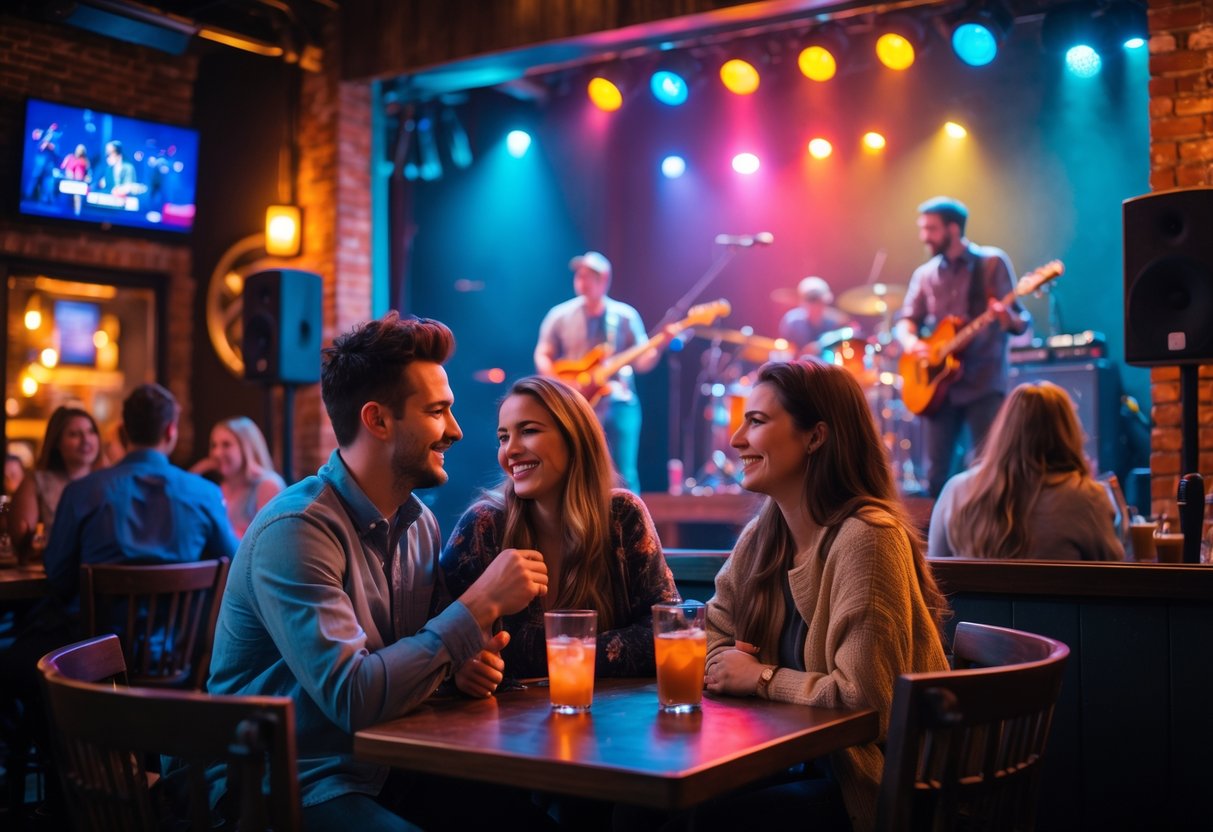 A young couple enjoying live music at a cozy venue with a band playing on stage and other people socializing nearby.