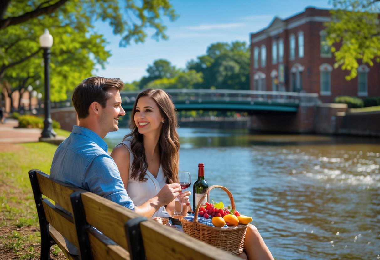 A young couple sharing a picnic on a bench in a park by a river with trees and a bridge in the background.