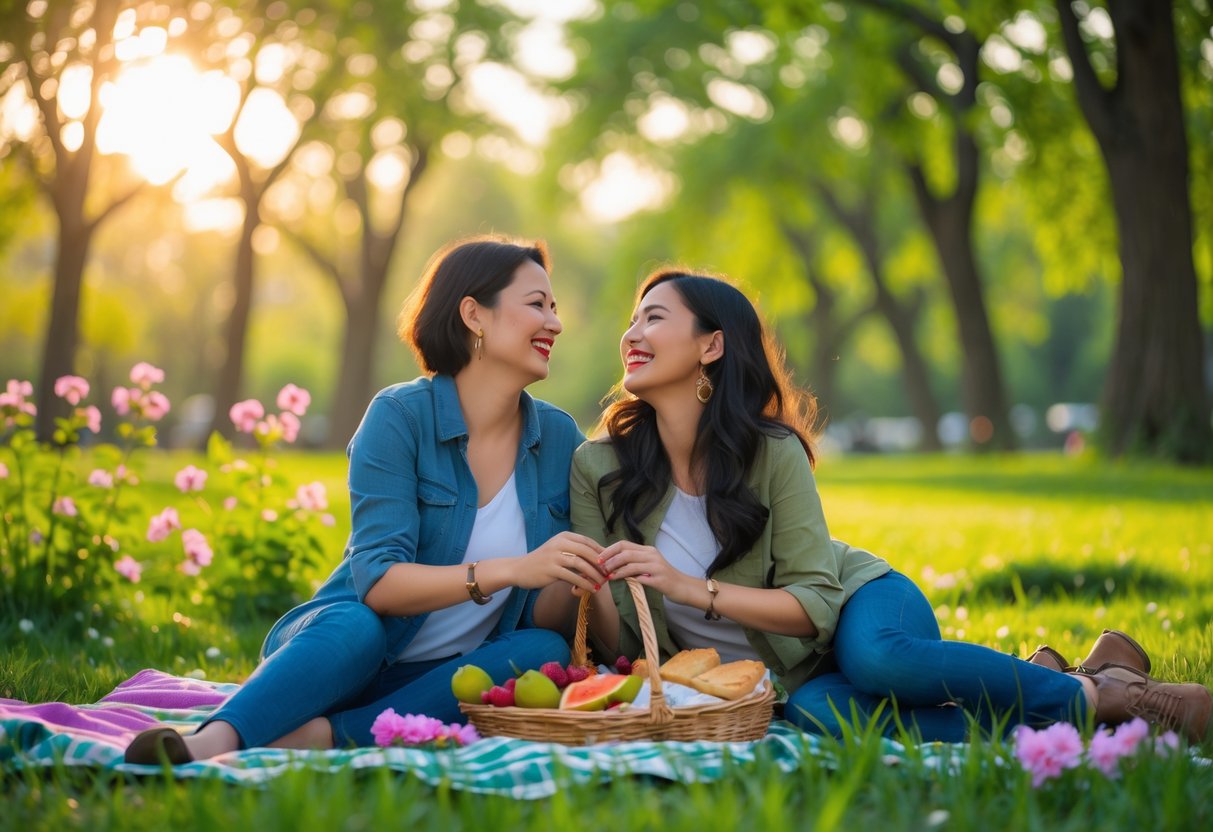 A lesbian couple sitting on a picnic blanket in a park, smiling and holding hands surrounded by trees and flowers.