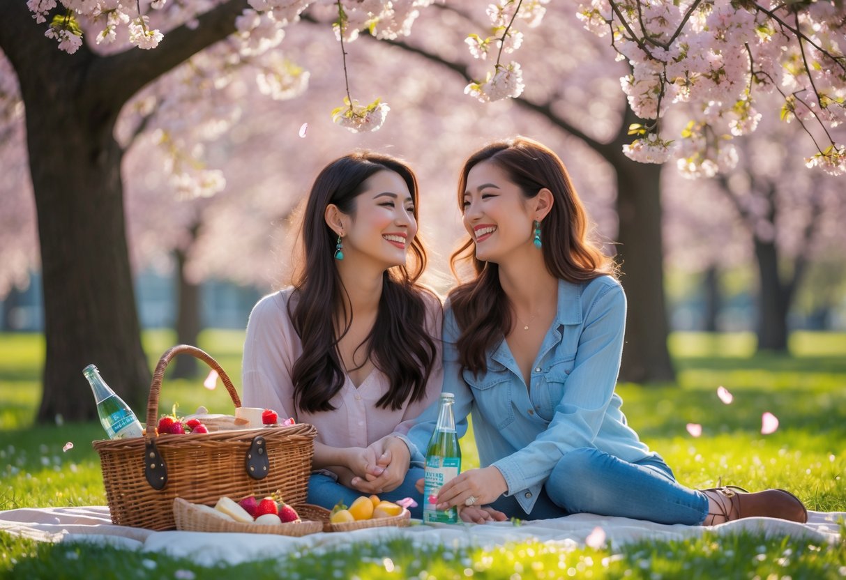 Two women enjoying a picnic together under blooming cherry blossom trees in a sunny park.