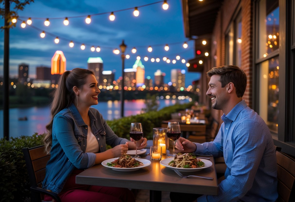 A young couple enjoying a romantic dinner outdoors with the Louisville skyline and river in the background at dusk.