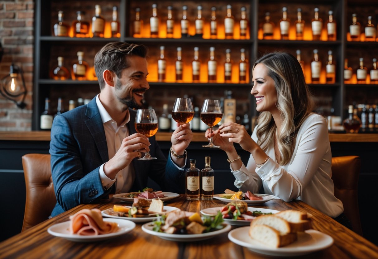 A couple enjoying a bourbon tasting and dinner at a cozy distillery in Louisville, Kentucky.
