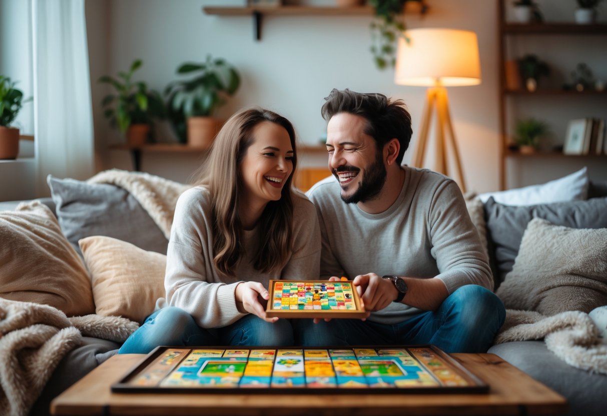 A lesbian couple sitting on a couch playing a board game together at home, smiling and enjoying their time.