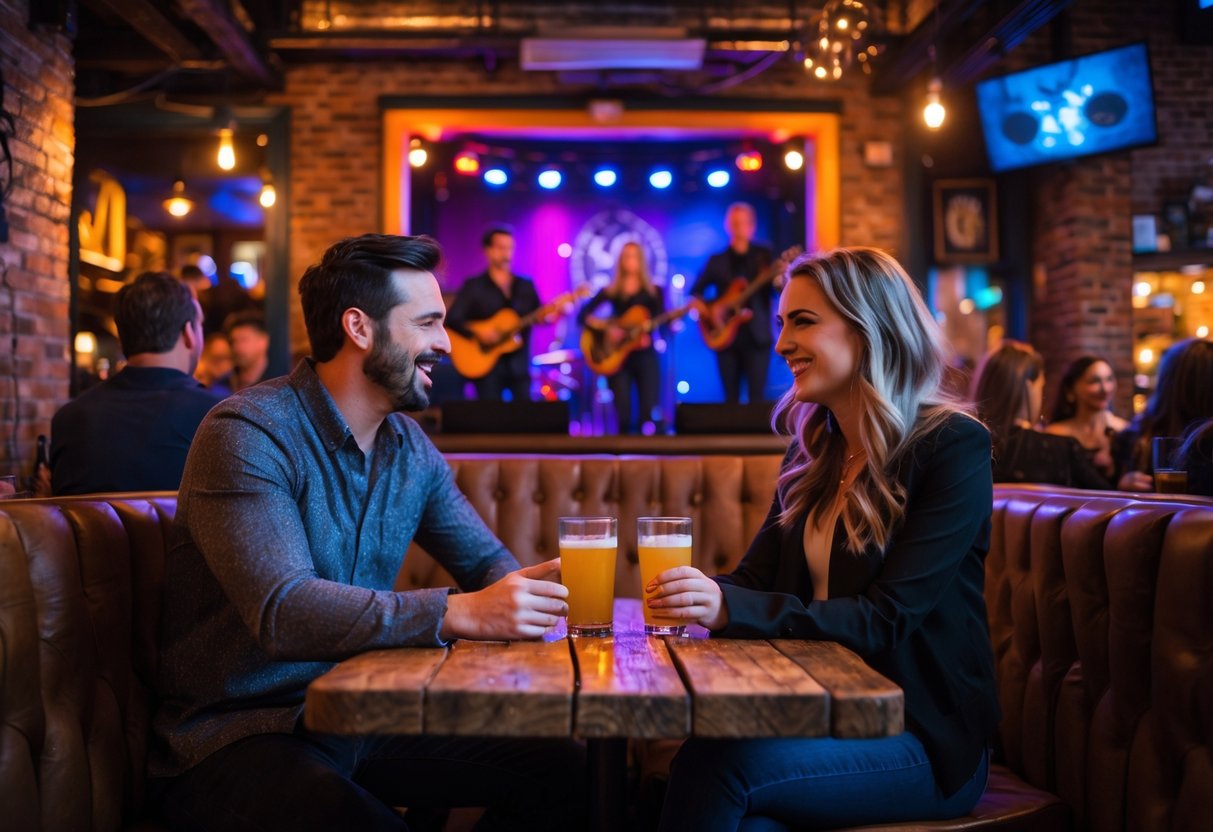 A couple enjoying live music at a cozy indoor venue with a band playing on stage and other people around.