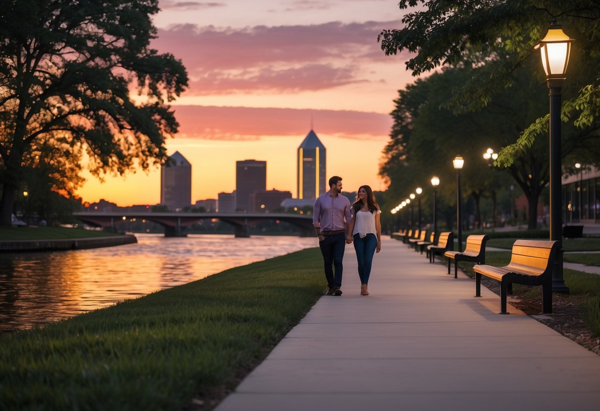A couple walking hand in hand along a riverside park path at sunset with trees, water, and a city skyline in the background.