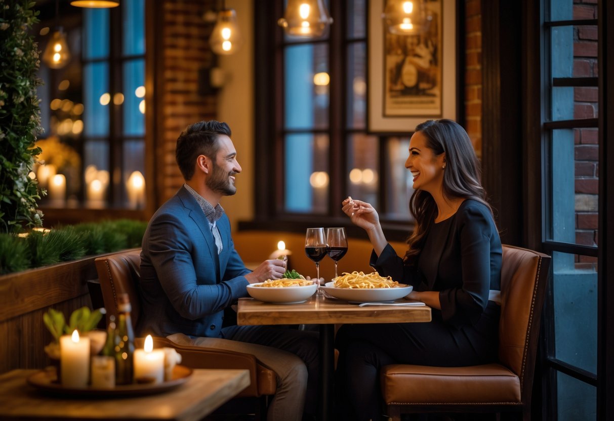 A couple enjoying a romantic dinner together at a cozy Italian restaurant.