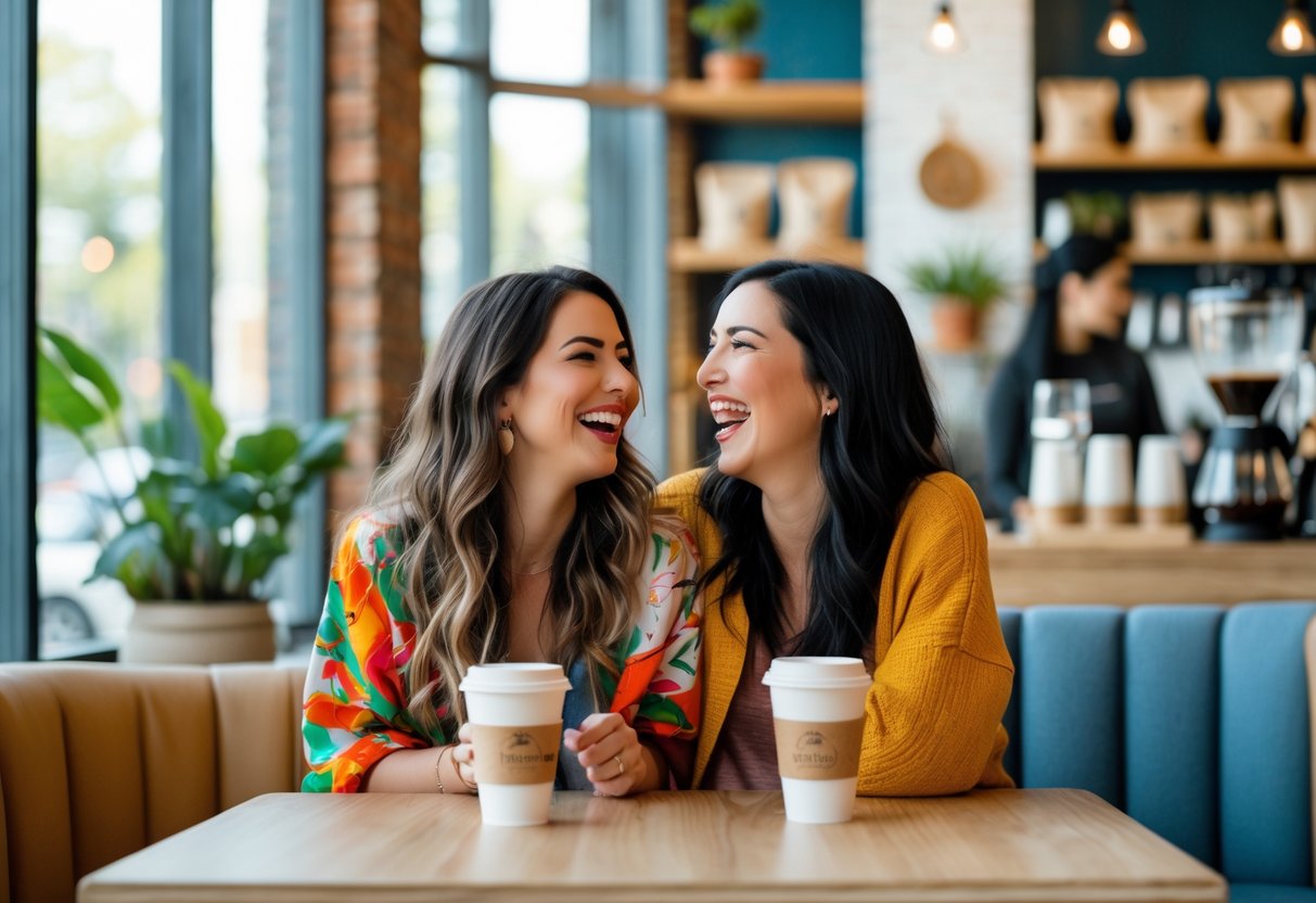 Two women enjoying coffee together at a cozy coffee shop table, smiling and sharing a happy moment.