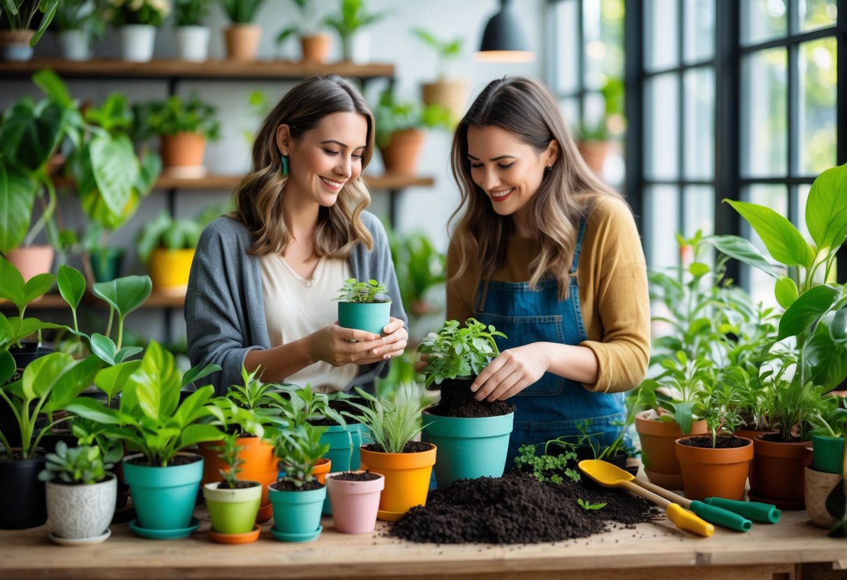 Two women happily planting and potting houseplants together in a bright indoor space filled with greenery.
