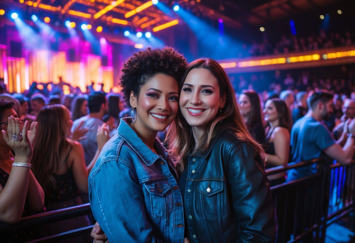 A smiling lesbian couple enjoying a live music show together in a lively concert venue.