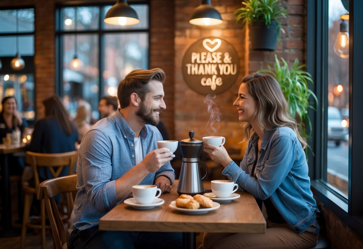 A couple enjoying coffee together at a small table inside a cozy café with warm lighting and plants.
