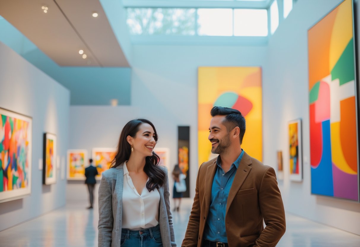 A couple enjoying art exhibits together inside a bright, modern museum gallery.