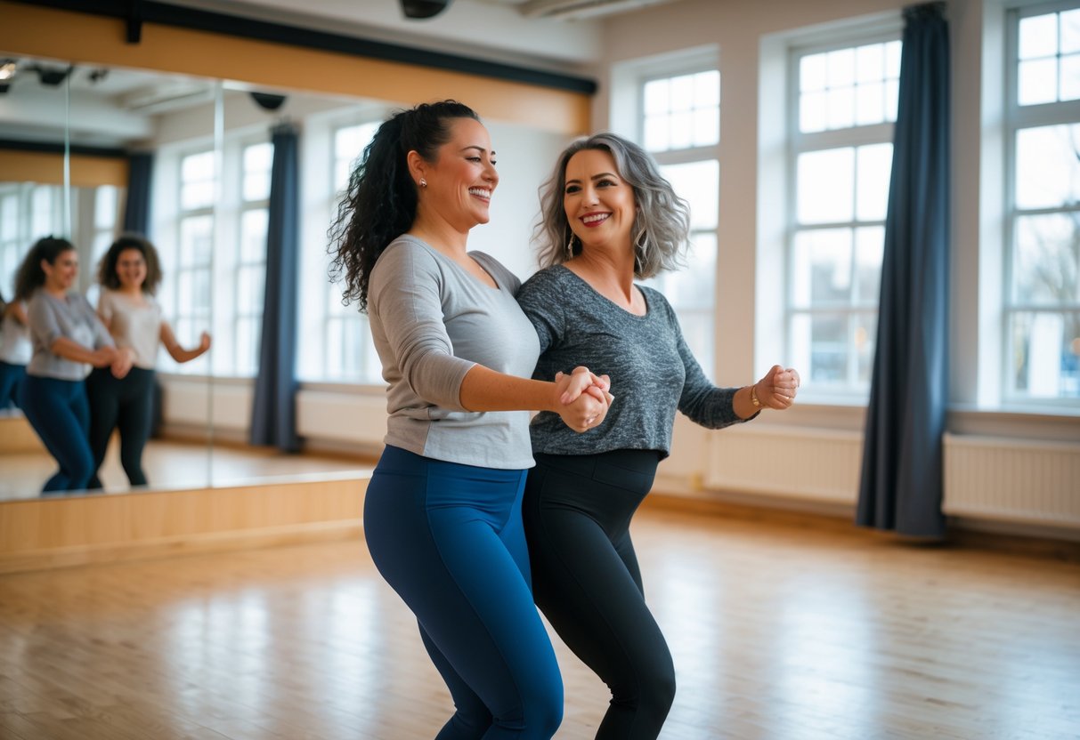 Two women smiling and holding hands while dancing together in a bright dance studio.