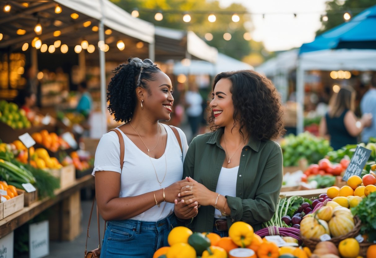 A smiling lesbian couple enjoying a farmers market together, surrounded by fresh produce and market stalls.